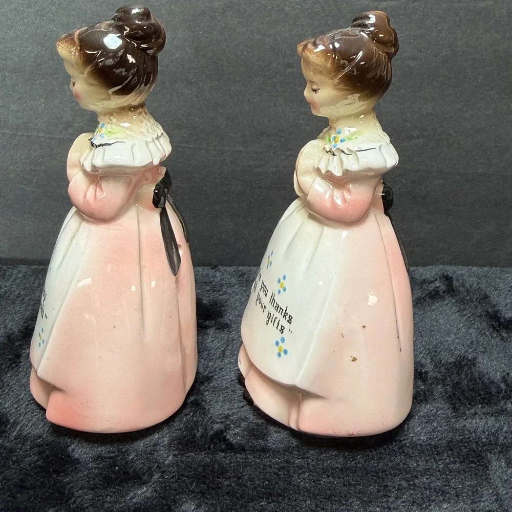 VTG Pink‎ Victorian Enesco Prayer Lady Ceramic Salt Pepper Shakers Mid Century